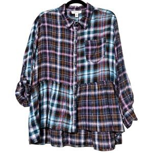 Vintage America large hi low button front anthracite retro plaid top roll tab